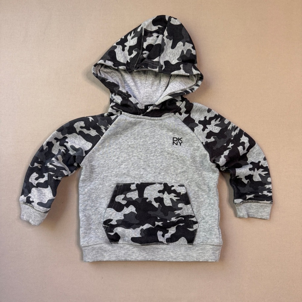 DKNY Toddler Boys Camo Raglan Sleeve Hoodie Gray Black 24M Sweatshirt